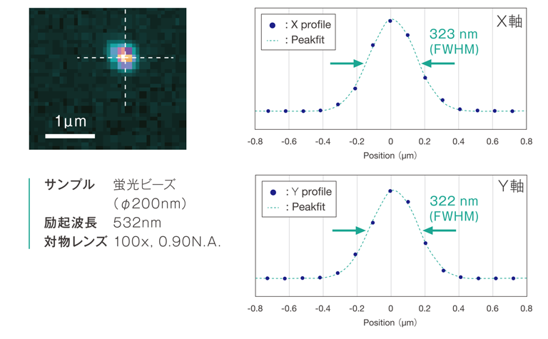 蛍光ビーズの強度プロファイルによる空間分解能評価。